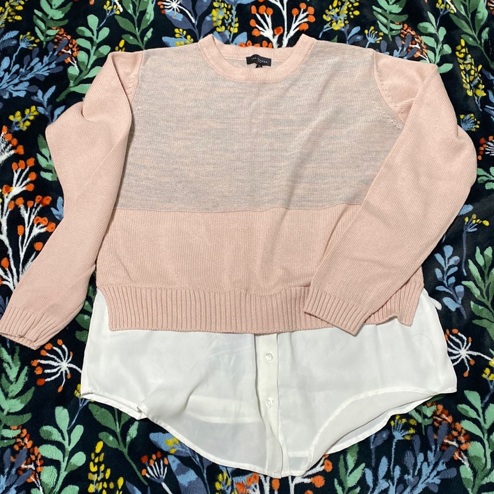 Pink and gray sweater with cream ‘undershirt’